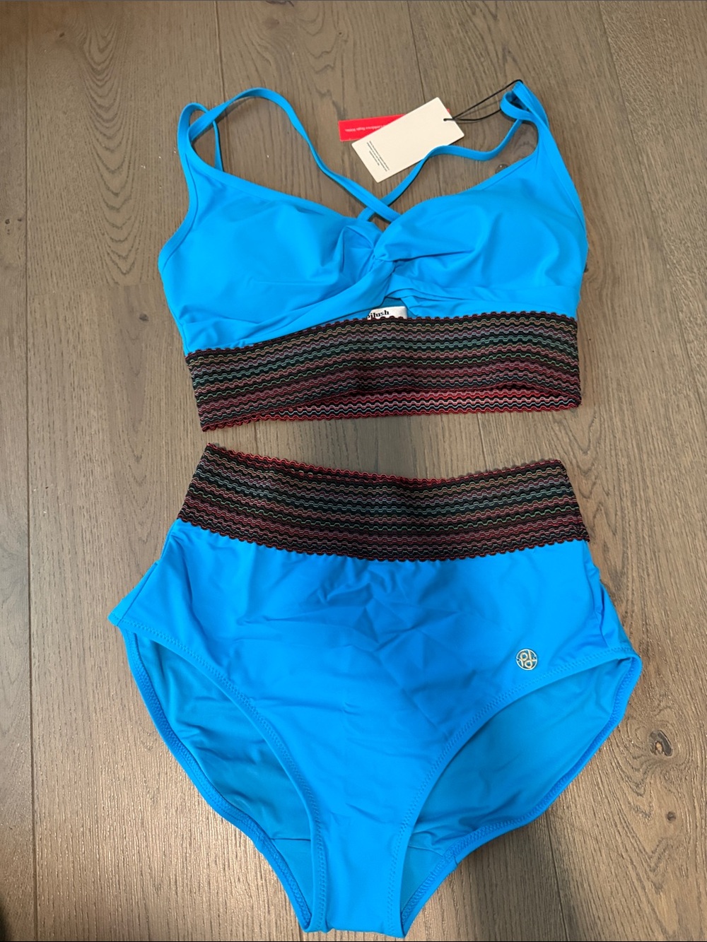 High-Rise Two-Piece Bikini Set in Bright Blue with Textured Waistband